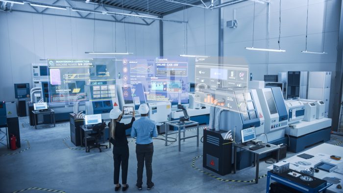 Industry,4.0,Factory:,Two,Engineers,Uses,Digital,Tablet,Computer,With