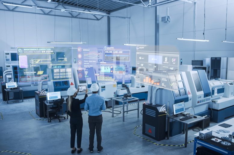 Industry,4.0,Factory:,Two,Engineers,Uses,Digital,Tablet,Computer,With